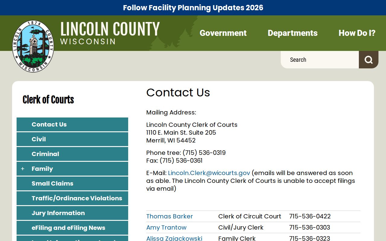 Lincoln County Clerk of Circuit Court address and contact list