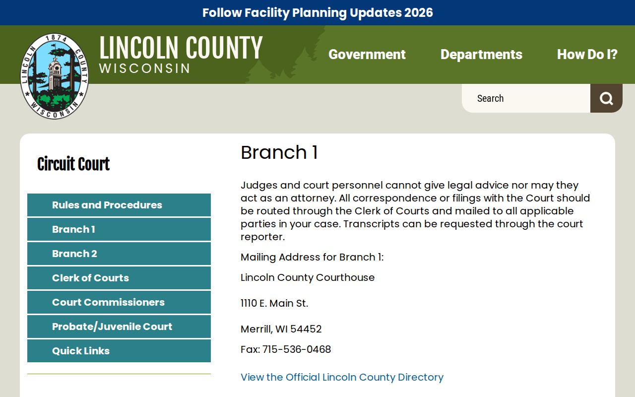 Lincoln County court date contact details for Circuit Court Branch 1