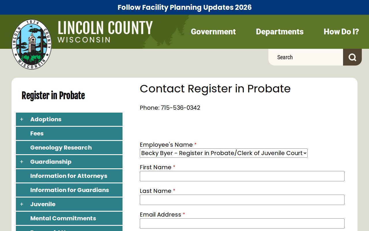 Lincoln County Register in Probate official contact form and office phone