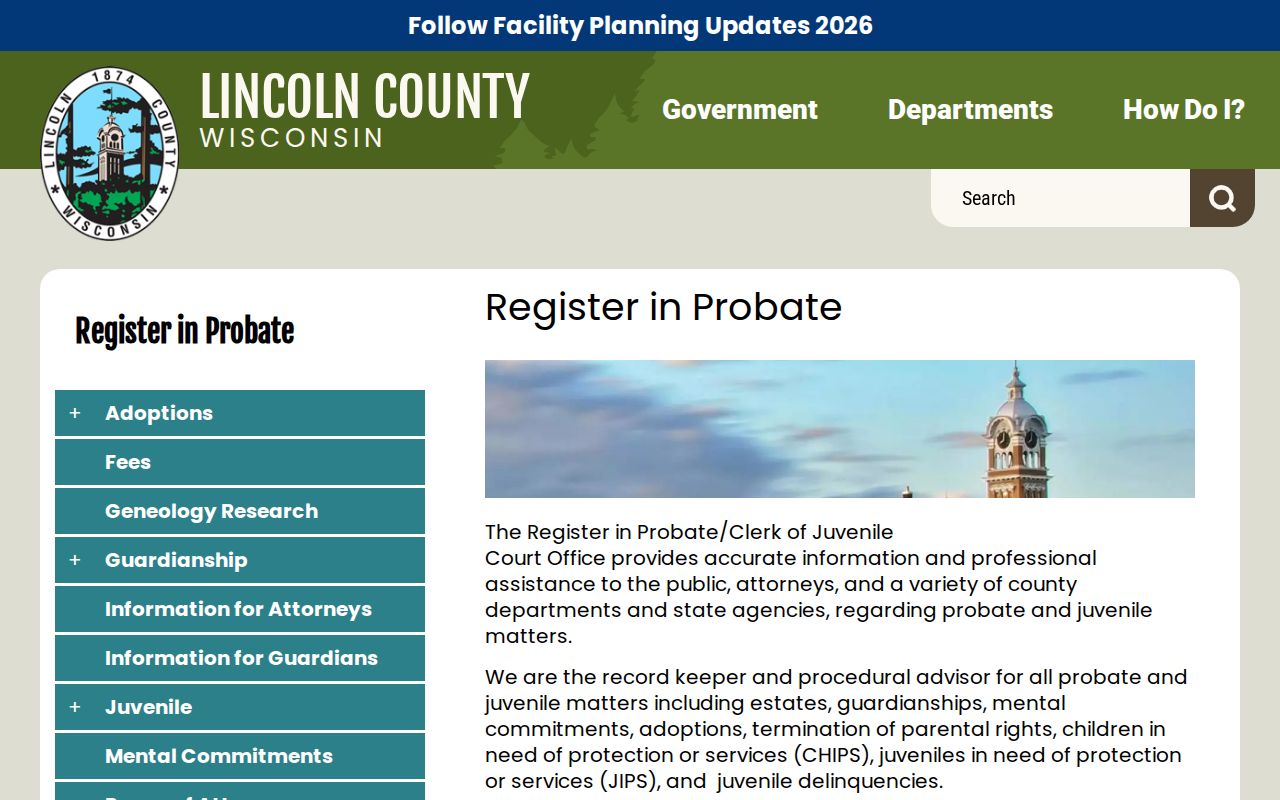 Lincoln County Register in Probate page listing probate and related record categories