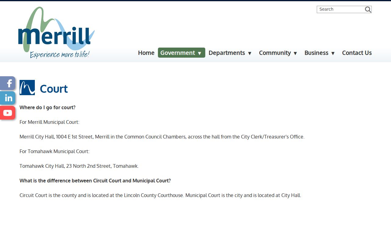 Official locations for Merrill and Tomahawk municipal court sessions
