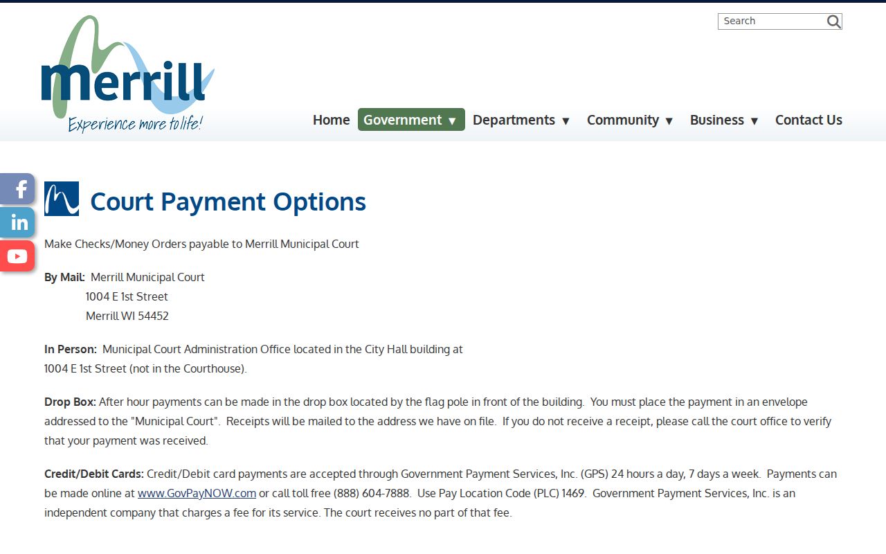 Merrill Municipal Court payment instructions and PLC 1469